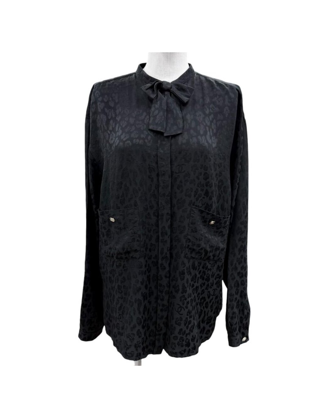 Chanel Silk 100% Coco Buttons Leopard Ribbon Long Sleeve Shirt Blouse Black 40